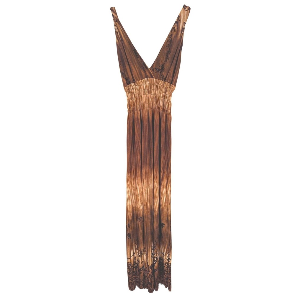Unbranded Brown Ombre Floral Smocked Waist V-Neck Maxi Dress XL Boho Sleeveless - Picture 2 of 7